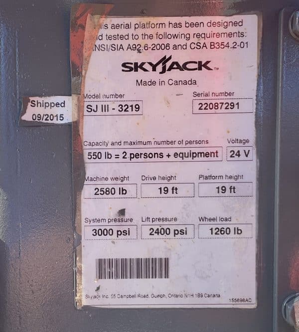 2015 Skyjack SJIII3219 Electric Scissor Lift_Serial Decal